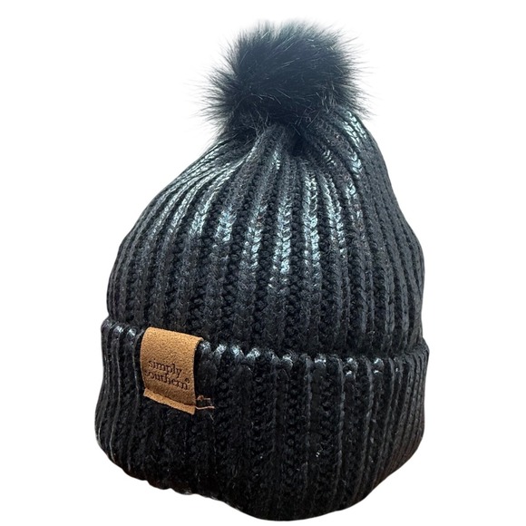 Simply Southern Accessories - Simply Southern Black Sequin Pom Pom Beanie Winter Hat Women Preppy Fun